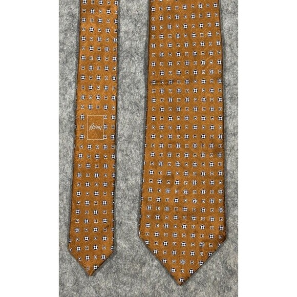 Brioni Orange Geometric Tie Silk Handmade Subtle Paisley Necktie Bronze Flowers